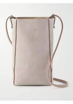 Brunello Cucinelli - Embellished Leather-trimmed Suede Pouch - Gray - One size