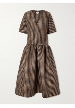 GANNI - Crinkled Gingham Recycled-taffeta Midi Dress - Brown - EU 32,EU 34,EU 36,EU 38,EU 40,EU 42