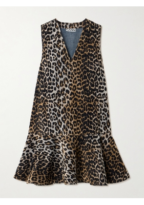 GANNI - Ruffled Leopard-print Flocked Recycled-denim Mini Dress - Animal print - EU 32,EU 34,EU 36,EU 38,EU 40,EU 42
