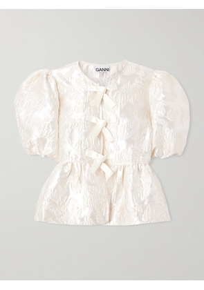 GANNI - Bow-detailed Cloqué Peplum Blouse - White - EU 32,EU 34,EU 36,EU 38,EU 40,EU 42