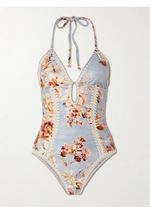 Zimmermann - Awaken Crochet-trimmed Floral-print Halterneck Swimsuit - Blue - 0,1,2,3,4