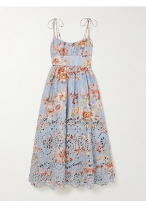 Zimmermann - Awaken Floral-print Broderie Anglaise Linen Midi Dress - Blue - 00,0,1,2,3,4