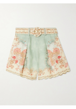 Zimmermann - Daylight Belted Scalloped Pleated Printed Linen Shorts - Blue - 00,1,2,3,4