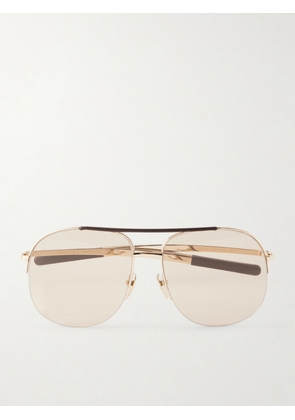 GUCCI EYEWEAR - Aviator-style Leather-trimmed Gold-tone Sunglasses - One size