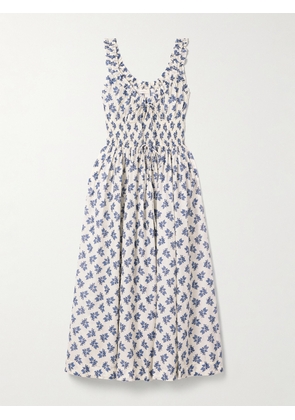 DÔEN - Emmaretta Shirred Floral-print Organic Cotton-voile Midi Dress - Blue - xx small,x small,small,medium,large,x large,xx large