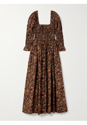 DÔEN - Bijou Shirred Floral-print Organic Cotton-voile Midi Dress - Black - xx small,x small,small,medium,large,x large,xx large