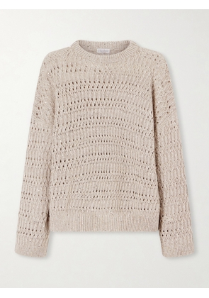 Brunello Cucinelli - Sequined Open-knit Linen-blend Sweater - Neutrals - xx small,x small,small,medium,large,x large,xx large