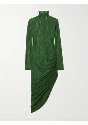 Norma Kamali - Asymmetric Ruched Stretch-lace Turtleneck Dress - Green - xx small,x small,small,medium,large,x large