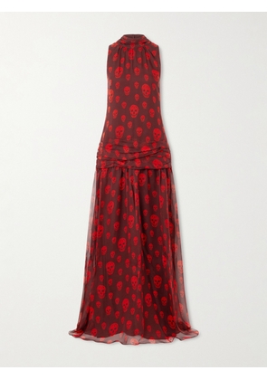 MCQUEEN - Draped Pleated Printed Silk-chiffon Halterneck Maxi Dress - Red - IT40,IT42,IT44