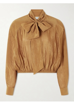 SAINT LAURENT - Pussy-bow Crinkled Taffeta Shirt - Brown - IT36,IT38,IT40