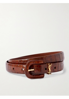 SAINT LAURENT - Cassandre Embellished Croc-effect Leather Belt - Brown - 70,75,80,85,90