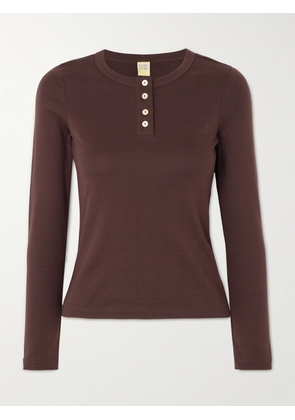 FLORE FLORE - Jess Ribbed Organic Cotton-jersey Henley Top - Brown - x small,small,medium,large,x large
