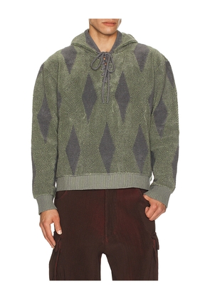 ISA BOULDER Small Argyle Towel Hoodie in Green. Size L. Also in M, S, XL/1X.