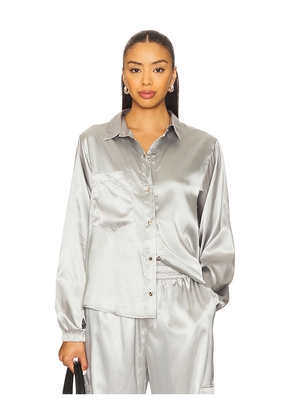 Heroine Sport Satin Button Up Shirt in Metallic Silver. Size L. Also in M, S, XS.