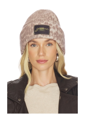 Ganni Graphic Mix Printed Leopard Beanie in Brown.