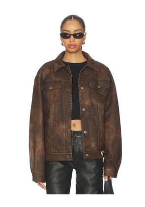 Guess Originals Leather Trucker Jacket in Brown. Size L. Also in M, S, XS.