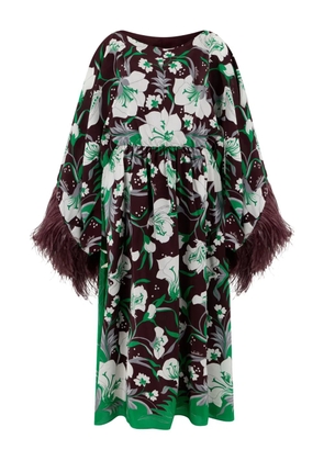 Valentino Garavani feather-trim floral dress - Brown