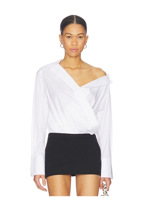 Good American Off-shoulder Poplin Bodysuit in White. Size M. Also in S, XS, XXL/2X, XXXL/3X, XXXXL/4X.