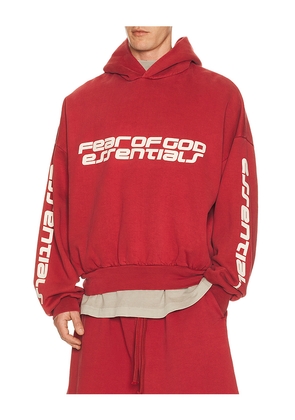 Fear of God ESSENTIALS Cropped Relaxed Hoodie in Red. Size L. Also in XS, S, M, XL/1X, XXL/2X.