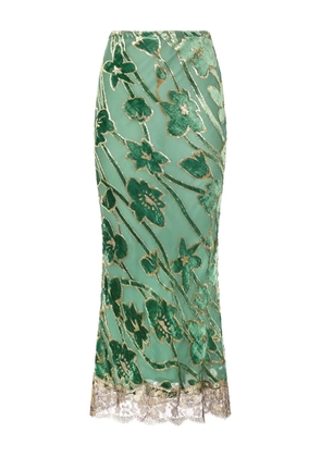 Roberto Cavalli floral-velvet lace-trimmed long straight skirt - Green