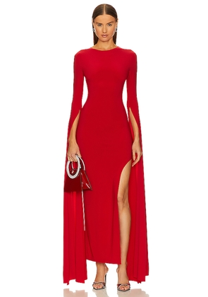 Norma Kamali Open Back Ribbon Sleeve Wide Slit Gown in Tiger Red. Size M. Also in L, S.