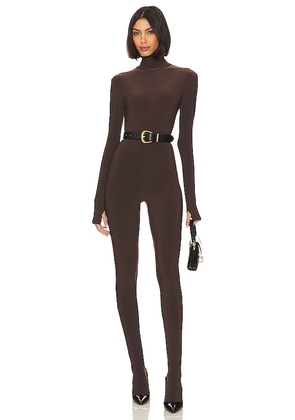 Norma Kamali Slim Fit Turtle Catsuit With Footsie in Chocolate. Size M. Also in S.