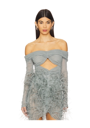 Lapointe Mesh Off The Shoulder Cut Out Ruched Bodysuit in Baby Blue. Size L. Also in M.