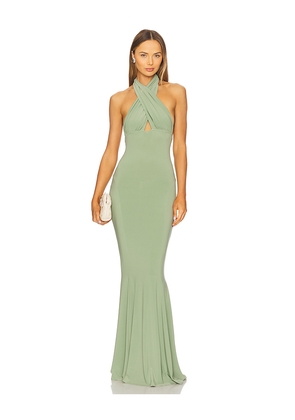 Norma Kamali Cross Halter Fishtail Gown in Green. Size L. Also in M, S, XL, XS.