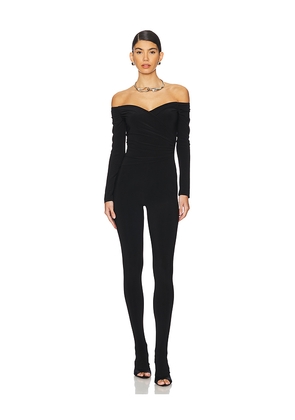 Norma Kamali Off Shoulder Sweetheart Catsuit With Footie in Black. Size L. Also in M, S.