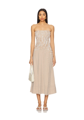 MINKPINK Artemis Shirred Midi Dress in Tan. Size L. Also in M, S, XL.