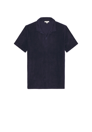 onia Towel Terry Johnny Collar Polo in Navy. Size M. Also in S, XL/1X.