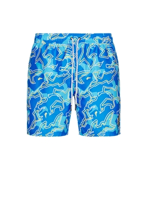 Maui and Sons Bad Fish Classic Swim Trunks in Blue. Size L. Also in M, S, XL/1X.