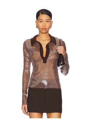Monse Sequin Polo Top in Brown. Size L. Also in M, XS.