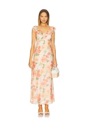 MINKPINK Aida Frill Maxi Dress in Coral. Size L. Also in S, XS.