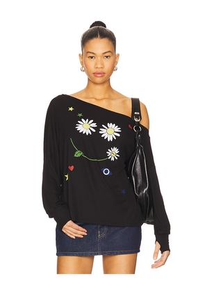 Lauren Moshi Krista Daisy Happyface One Shoulder Top in Black. Size M. Also in S, XS.