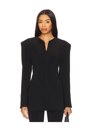 Norma Kamali Long Sleeve Shoulder Pad V Neck Zip Front Jacket in Black. Size M. Also in S, XS.