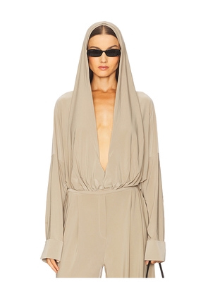 Norma Kamali Hooded Super Oversized BF NK Shirt Bodysuit in Taupe. Size L. Also in M, S.