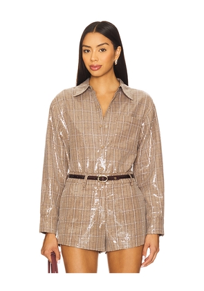 Line & Dot Checkmate Oversized Shacket in Brown. Size L. Also in M, S, XS.