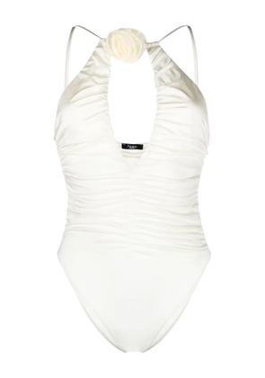 Noire Swimwear floral-appliqué ruched swimsuit - White