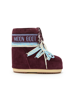 MOON BOOT Kids Icon Suede Low Boot in Burgundy. Size 33-35. Also in 36-38.