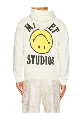 Market Smiley Upside Down Lockup Hoodie in White. Size L. Also in M, S, XL/1X.