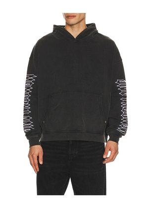 Memory Lane Iron Text Hoodie in Black. Size L. Also in M, S, XL/1X.