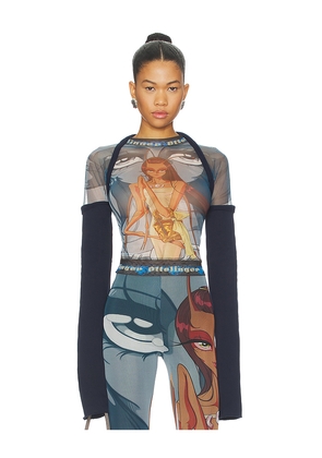 Ottolinger Mesh Hybrid Longsleeve in Julien Ceccaldi Print in Blue,Green. Size M. Also in XS, S.