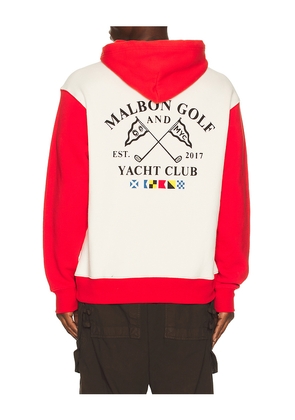 Malbon Golf Fesque Deck Hand Hoodie in Red. Size L. Also in M, S, XL/1X.