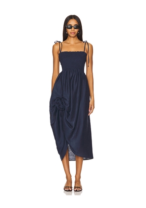 Sleeper Atlanta Linen Strap Dress With Rose Detail in Navy. Size M. Also in S.
