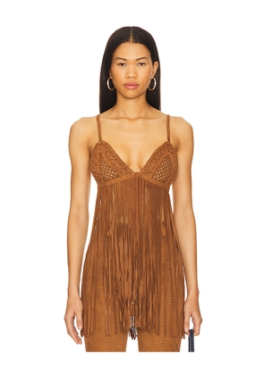 retrofete Jacinta Suede Fringe Bra in Cognac. Size L. Also in M, XXL.