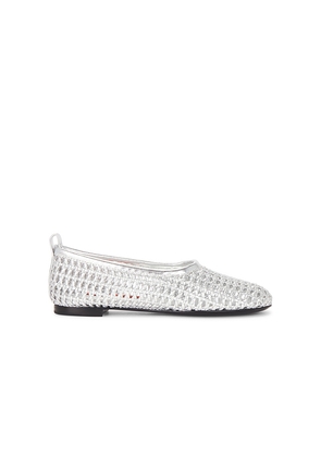 SIMONMILLER Chrome Woven Riad Flat in Metallic Silver. Size 38. Also in 39, 40.