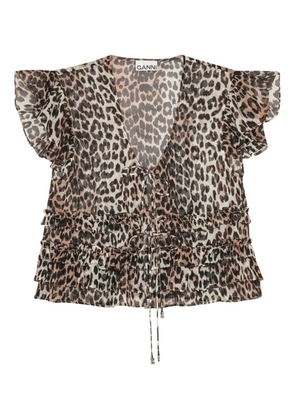 GANNI ruffled leopard-print blouse - Neutrals