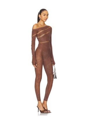 POSTER GIRL Ivy Long Rhinestone Jumpsuit in Brown.