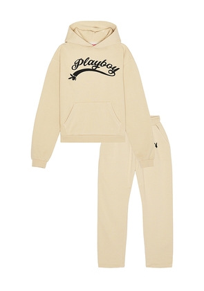Playboy Logo Hoodie and Sweatpant Set in Yellow. Size L. Also in M, S, XL/1X.